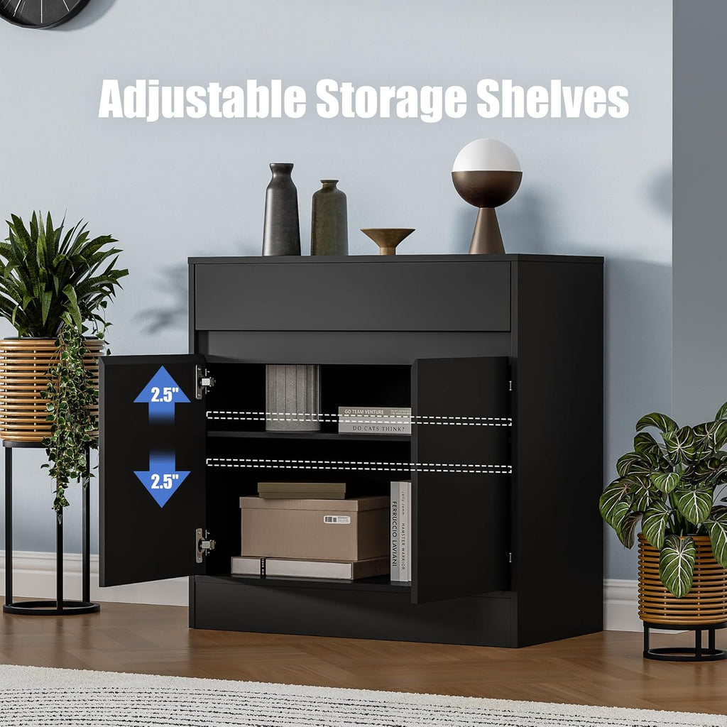 Buffet Cabinet with 2 Doors and Drawer, Coffee Bar Cabinet with Adjustable Shelf, Modern Kitchen Buffet Sideboard for Living Room, Kitchen, Black - Grand Goldman