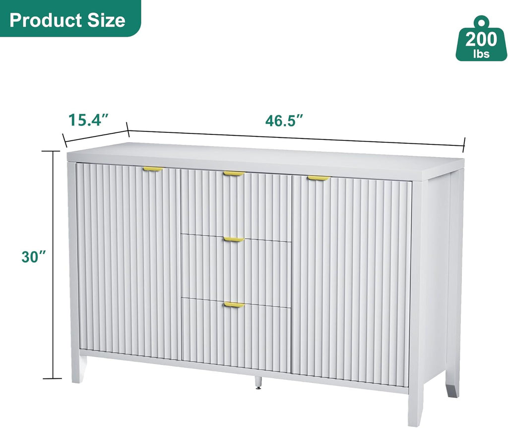 Buffet Cabinet with Drawers 46.5" Buffet Sideboard Cabinet with Storage and Shelves, Modern Fluted Buffet Table Bar Cabinet Wood Storage Cabinet for Kitchen, Dining Room (White) - Grand Goldman