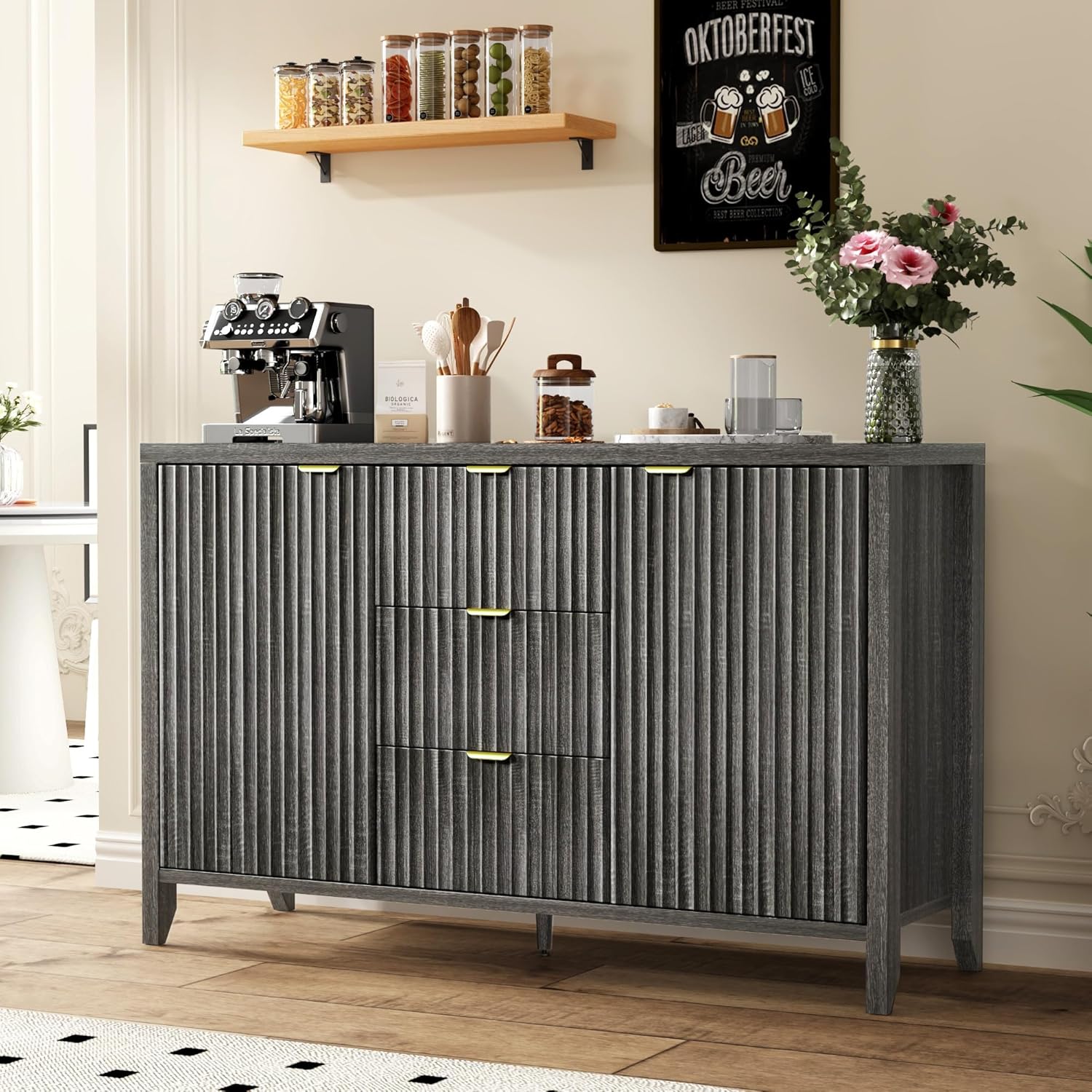 Buffet Cabinet with Drawers 46.5" Buffet Sideboard Cabinet with Storage and Shelves, Modern Fluted Buffet Table Bar Cabinet Wood Storage Cabinet for Kitchen, Dining Room (White) - Grand Goldman