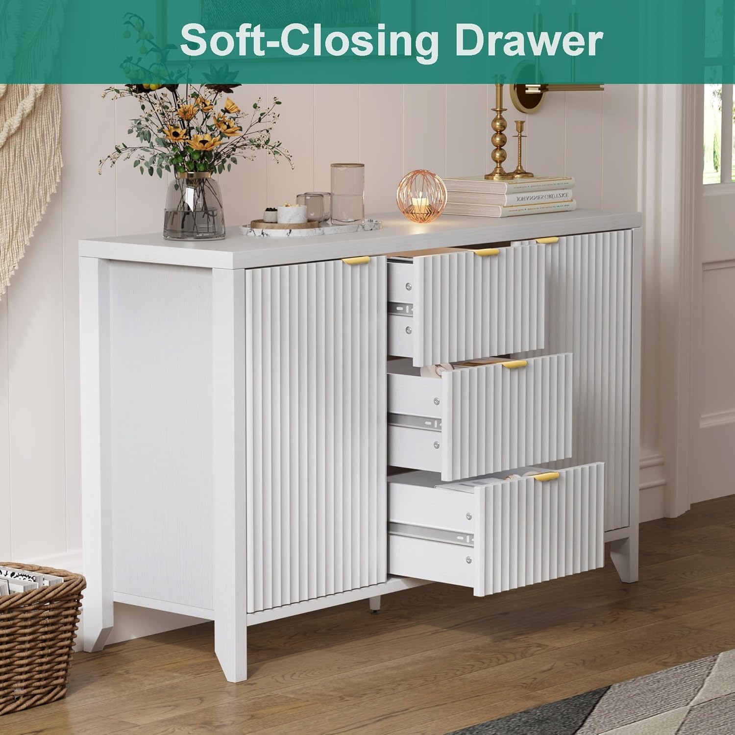 Buffet Cabinet with Drawers 46.5" Buffet Sideboard Cabinet with Storage and Shelves, Modern Fluted Buffet Table Bar Cabinet Wood Storage Cabinet for Kitchen, Dining Room (White) - Grand Goldman