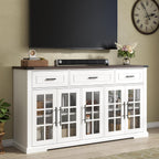 Buffet Cabinet with Storage, 63" Large Sideboard Cabinet with 3 Drawers & 5 Glass Doors, Modern Farmhouse Kitchen Cabinet Buffet Table with Adjustable Shelf, Coffee Bar Cabinet for Living Room, White - Grand Goldman