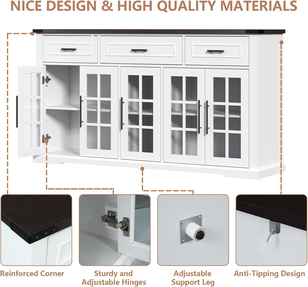 Buffet Cabinet with Storage, 63" Large Sideboard Cabinet with 3 Drawers & 5 Glass Doors, Modern Farmhouse Kitchen Cabinet Buffet Table with Adjustable Shelf, Coffee Bar Cabinet for Living Room, White - Grand Goldman