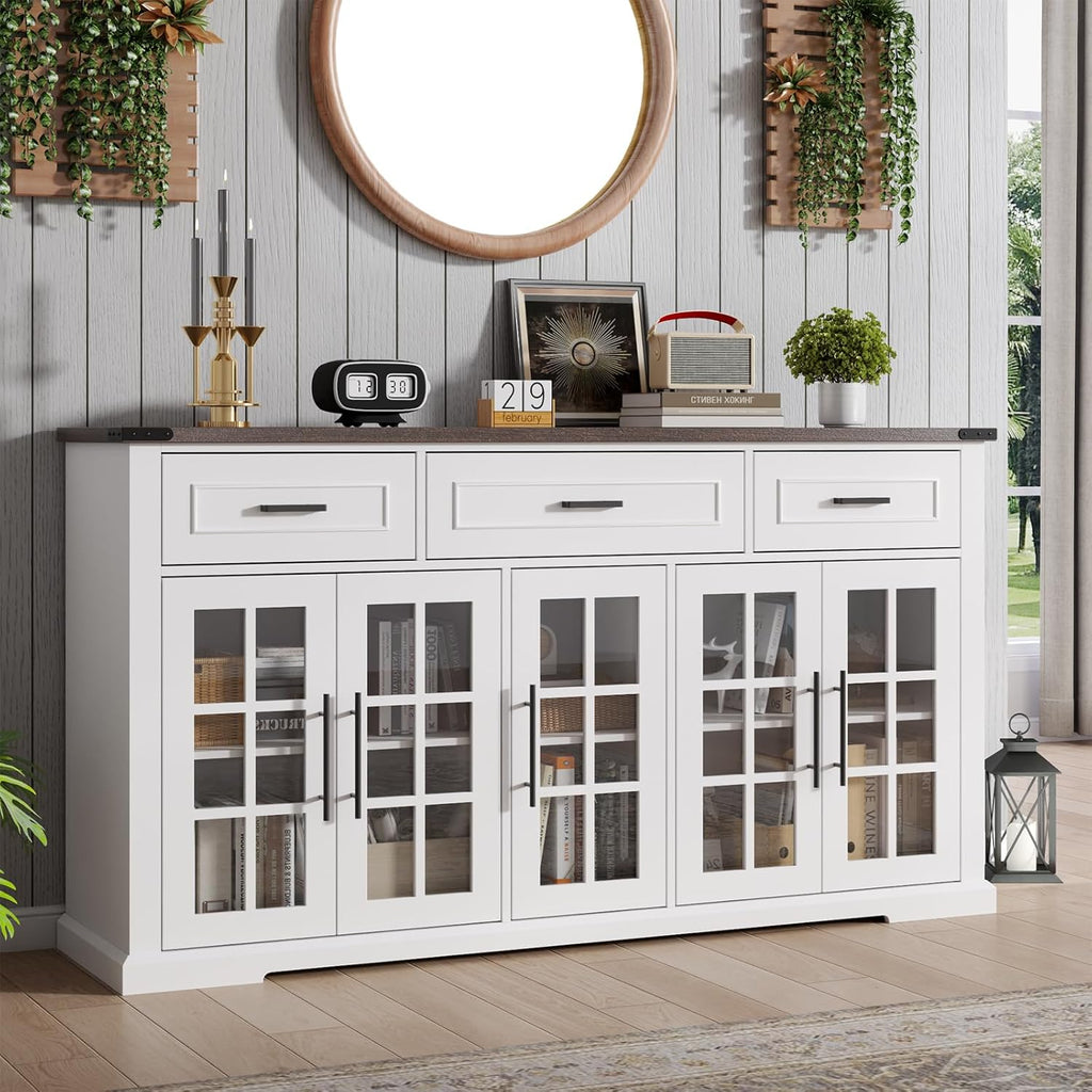 Buffet Cabinet with Storage, 63" Large Sideboard Cabinet with 3 Drawers & 5 Glass Doors, Modern Farmhouse Kitchen Cabinet Buffet Table with Adjustable Shelf, Coffee Bar Cabinet for Living Room, White - Grand Goldman