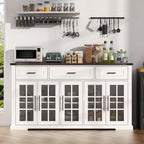 Buffet Cabinet with Storage, 63" Large Sideboard Cabinet with 3 Drawers & 5 Glass Doors, Modern Farmhouse Kitchen Cabinet Buffet Table with Adjustable Shelf, Coffee Bar Cabinet for Living Room, White - Grand Goldman