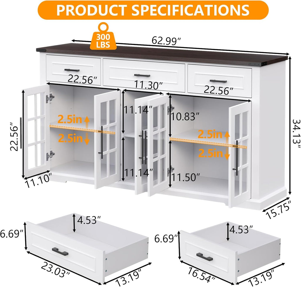 Buffet Cabinet with Storage, 63" Large Sideboard Cabinet with 3 Drawers & 5 Glass Doors, Modern Farmhouse Kitchen Cabinet Buffet Table with Adjustable Shelf, Coffee Bar Cabinet for Living Room, White - Grand Goldman