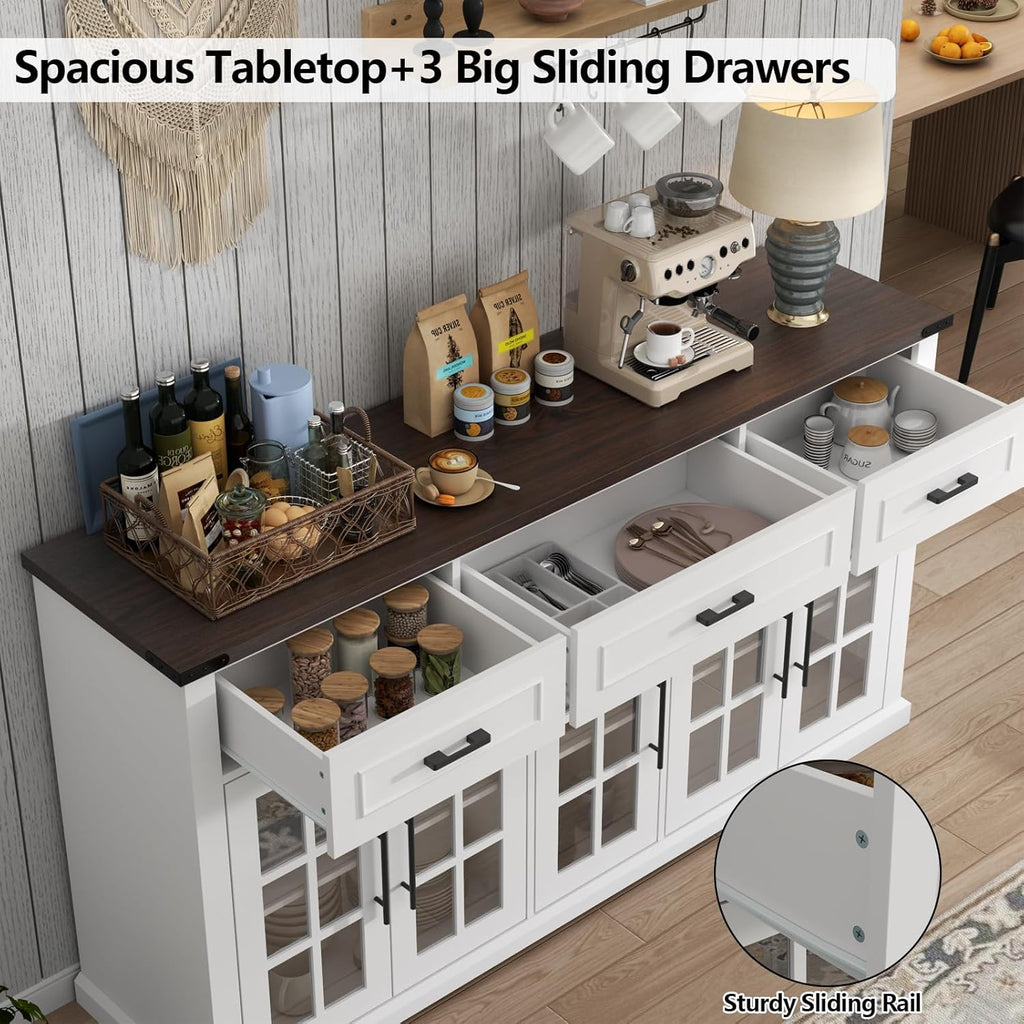 Buffet Cabinet with Storage, 63" Large Sideboard Cabinet with 3 Drawers & 5 Glass Doors, Modern Farmhouse Kitchen Cabinet Buffet Table with Adjustable Shelf, Coffee Bar Cabinet for Living Room, White - Grand Goldman