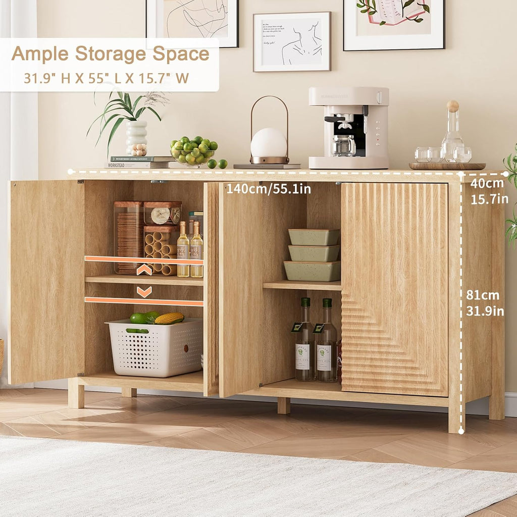 Buffet Cabinet with Storage, Fluted Sideboard Wood Accent Cabinet with Doors, Large Kitchen Buffet Storage Cabinet Boho Console Cabinet for Living Room, Entryway, Hallway (Wood, 4 Doors) - Grand Goldman