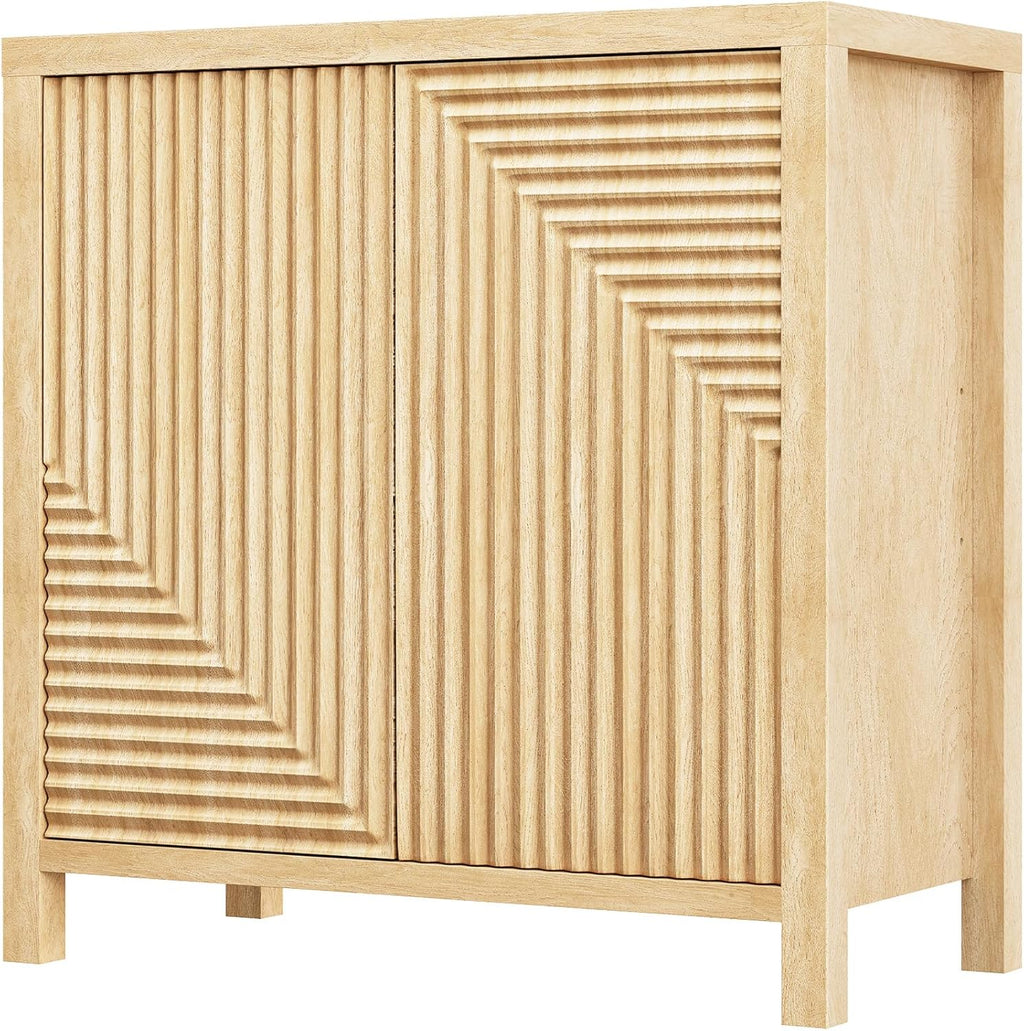 Buffet Cabinet with Storage, Fluted Sideboard Wood Accent Cabinet with Doors, Large Kitchen Buffet Storage Cabinet Boho Console Cabinet for Living Room, Entryway, Hallway (Wood, 4 Doors) - Grand Goldman