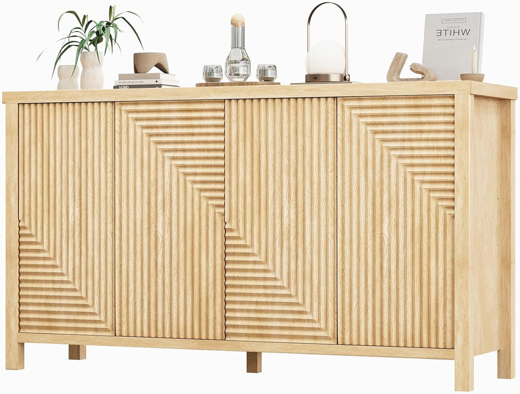 Buffet Cabinet with Storage, Fluted Sideboard Wood Accent Cabinet with Doors, Large Kitchen Buffet Storage Cabinet Boho Console Cabinet for Living Room, Entryway, Hallway (Wood, 4 Doors) - Grand Goldman