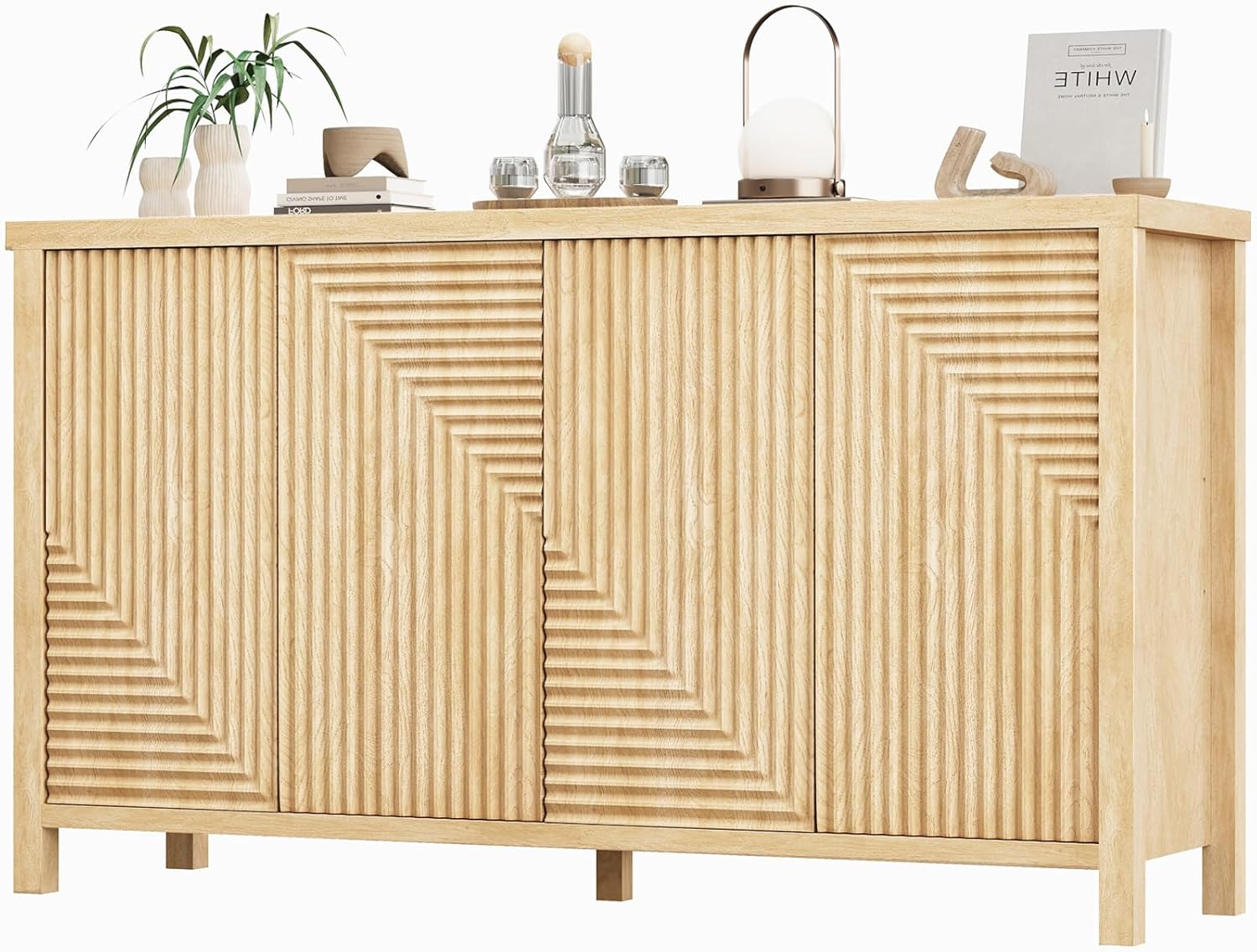 Buffet Cabinet with Storage, Fluted Sideboard Wood Accent Cabinet with Doors, Large Kitchen Buffet Storage Cabinet Boho Console Cabinet for Living Room, Entryway, Hallway (Wood, 4 Doors) - Grand Goldman