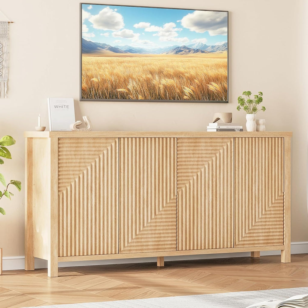 Buffet Cabinet with Storage, Fluted Sideboard Wood Accent Cabinet with Doors, Large Kitchen Buffet Storage Cabinet Boho Console Cabinet for Living Room, Entryway, Hallway (Wood, 4 Doors) - Grand Goldman