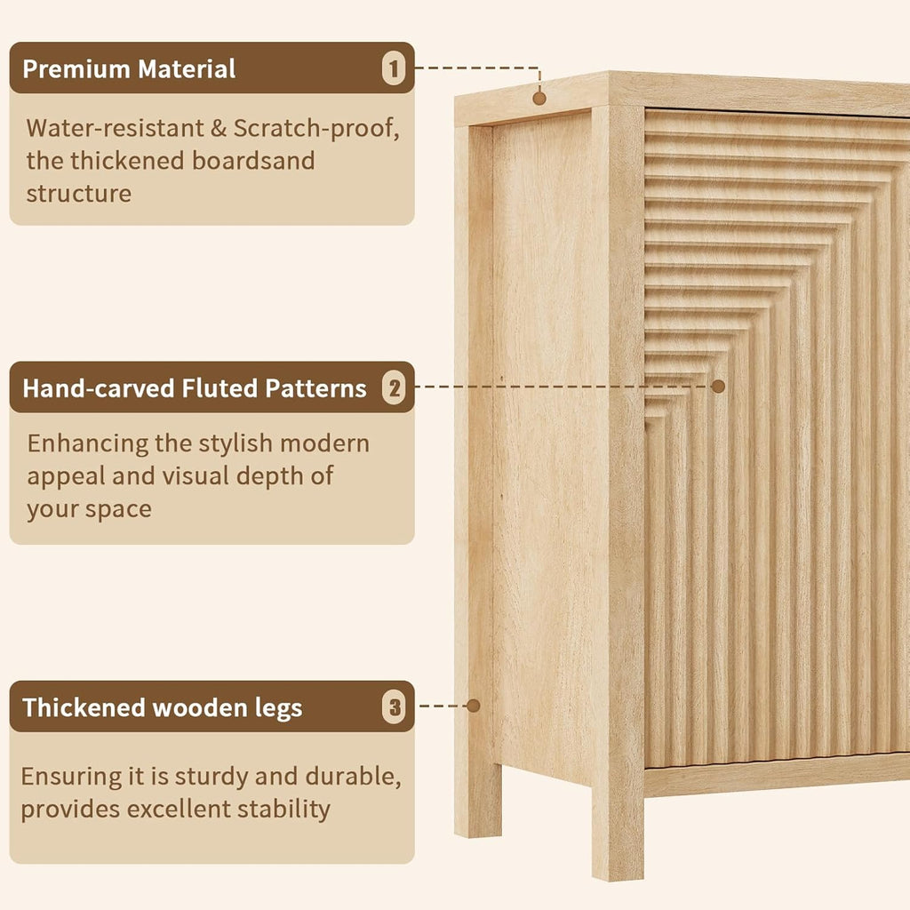 Buffet Cabinet with Storage, Fluted Sideboard Wood Accent Cabinet with Doors, Large Kitchen Buffet Storage Cabinet Boho Console Cabinet for Living Room, Entryway, Hallway (Wood, 4 Doors) - Grand Goldman