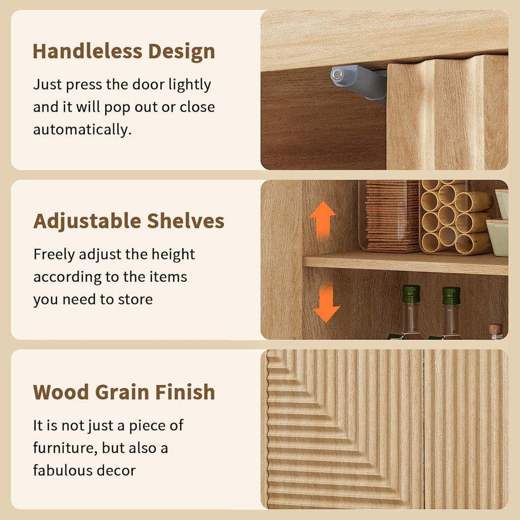 Buffet Cabinet with Storage, Fluted Sideboard Wood Accent Cabinet with Doors, Large Kitchen Buffet Storage Cabinet Boho Console Cabinet for Living Room, Entryway, Hallway (Wood, 4 Doors) - Grand Goldman