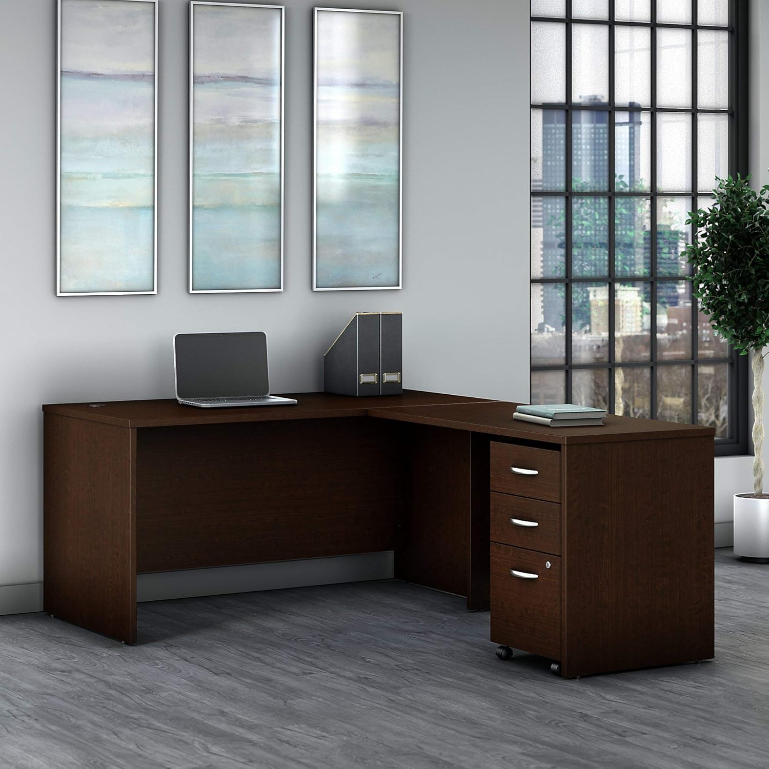 Bush Business Furniture Series C 60W L Shaped Desk with 3 Drawer Mobile File Cabinet in Mahogany - Grand Goldman