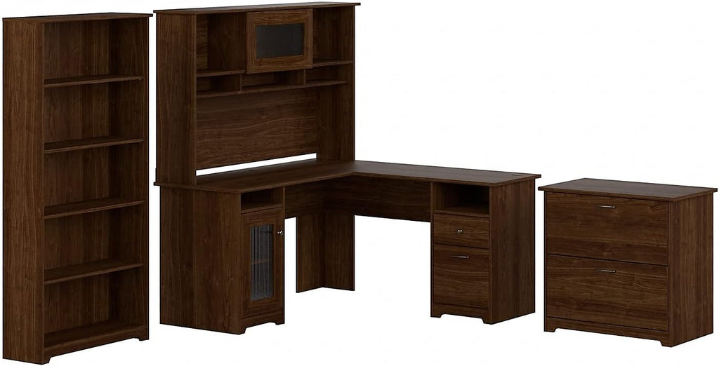 Bush Furniture L Shaped Desk with Hutch, 5 Shelf Bookcase and Lateral File Cabinet | Cabot Collection Corner Computer Table with Storage and Bookshelf | 60Wx23DX37W - Grand Goldman