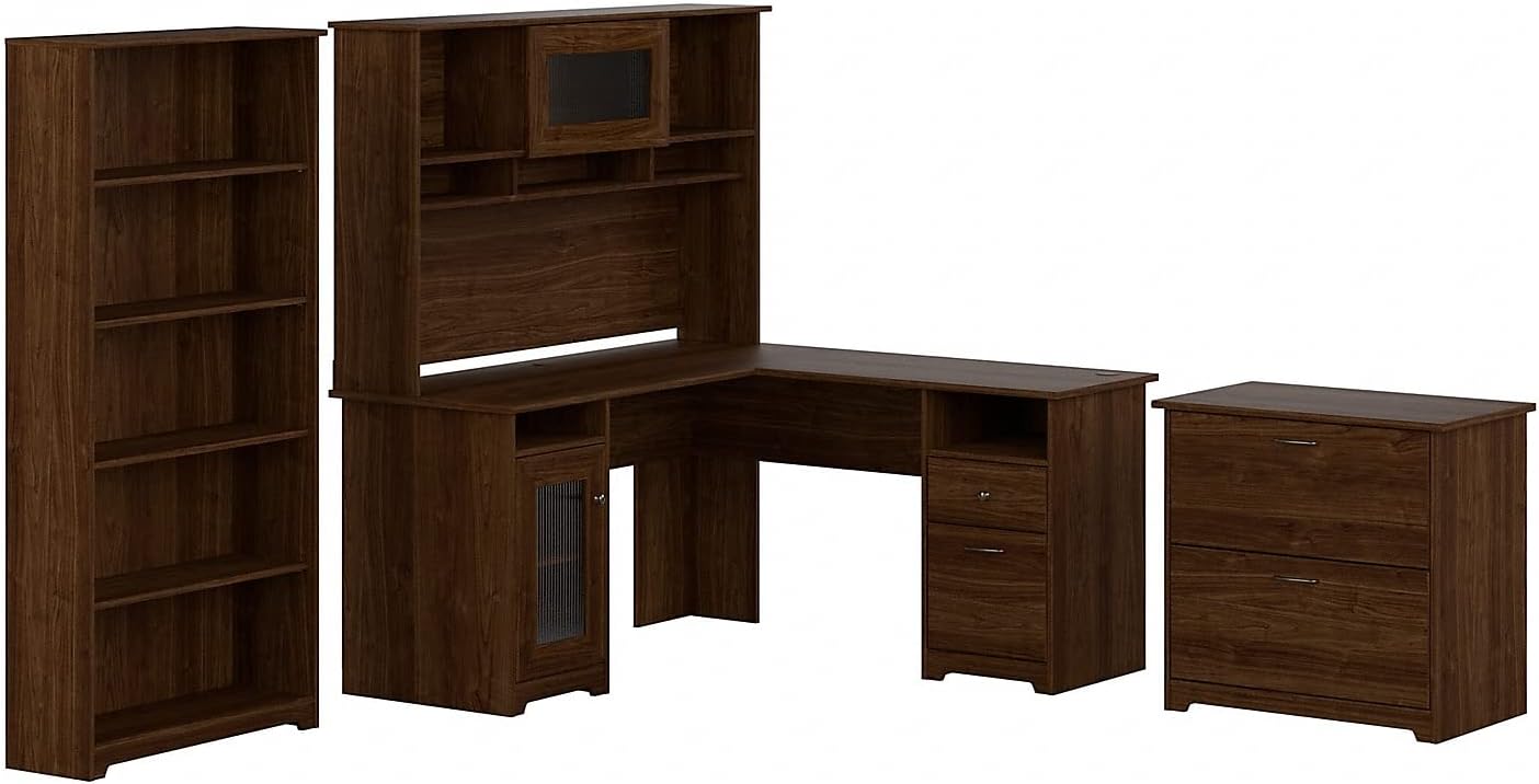 Bush Furniture L Shaped Desk with Hutch, 5 Shelf Bookcase and Lateral File Cabinet | Cabot Collection Corner Computer Table with Storage and Bookshelf | 60Wx23DX37W - Grand Goldman