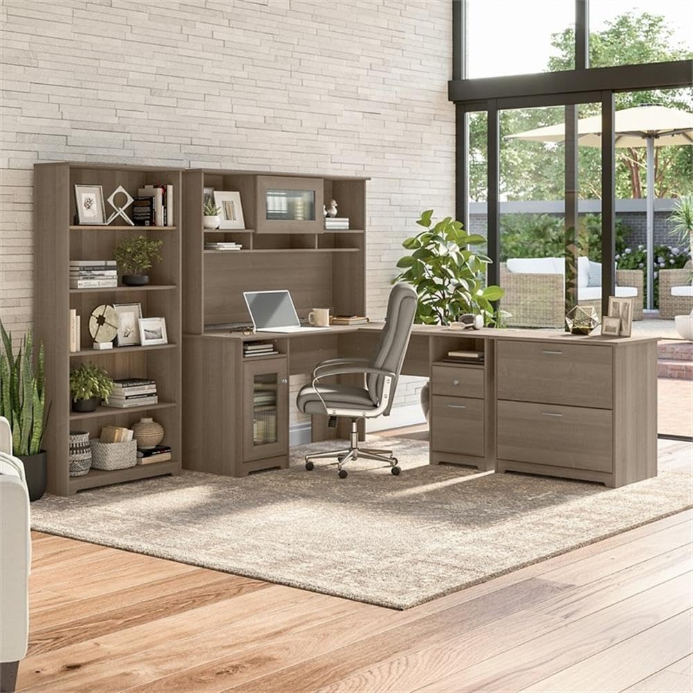 Bush Furniture L Shaped Desk with Hutch, 5 Shelf Bookcase and Lateral File Cabinet | Cabot Collection Corner Computer Table with Storage and Bookshelf | 60Wx23DX37W - Grand Goldman