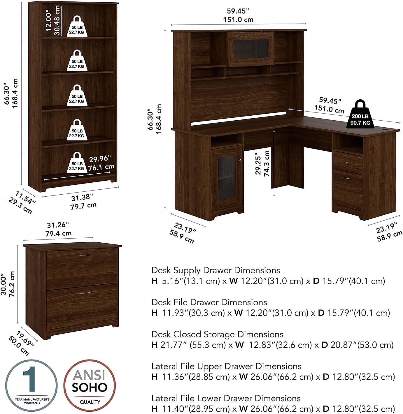 Bush Furniture L Shaped Desk with Hutch, 5 Shelf Bookcase and Lateral File Cabinet | Cabot Collection Corner Computer Table with Storage and Bookshelf | 60Wx23DX37W - Grand Goldman