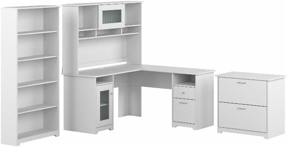 Bush Furniture L Shaped Desk with Hutch, 5 Shelf Bookcase and Lateral File Cabinet | Cabot Collection Corner Computer Table with Storage and Bookshelf | 60Wx23DX37W - Grand Goldman