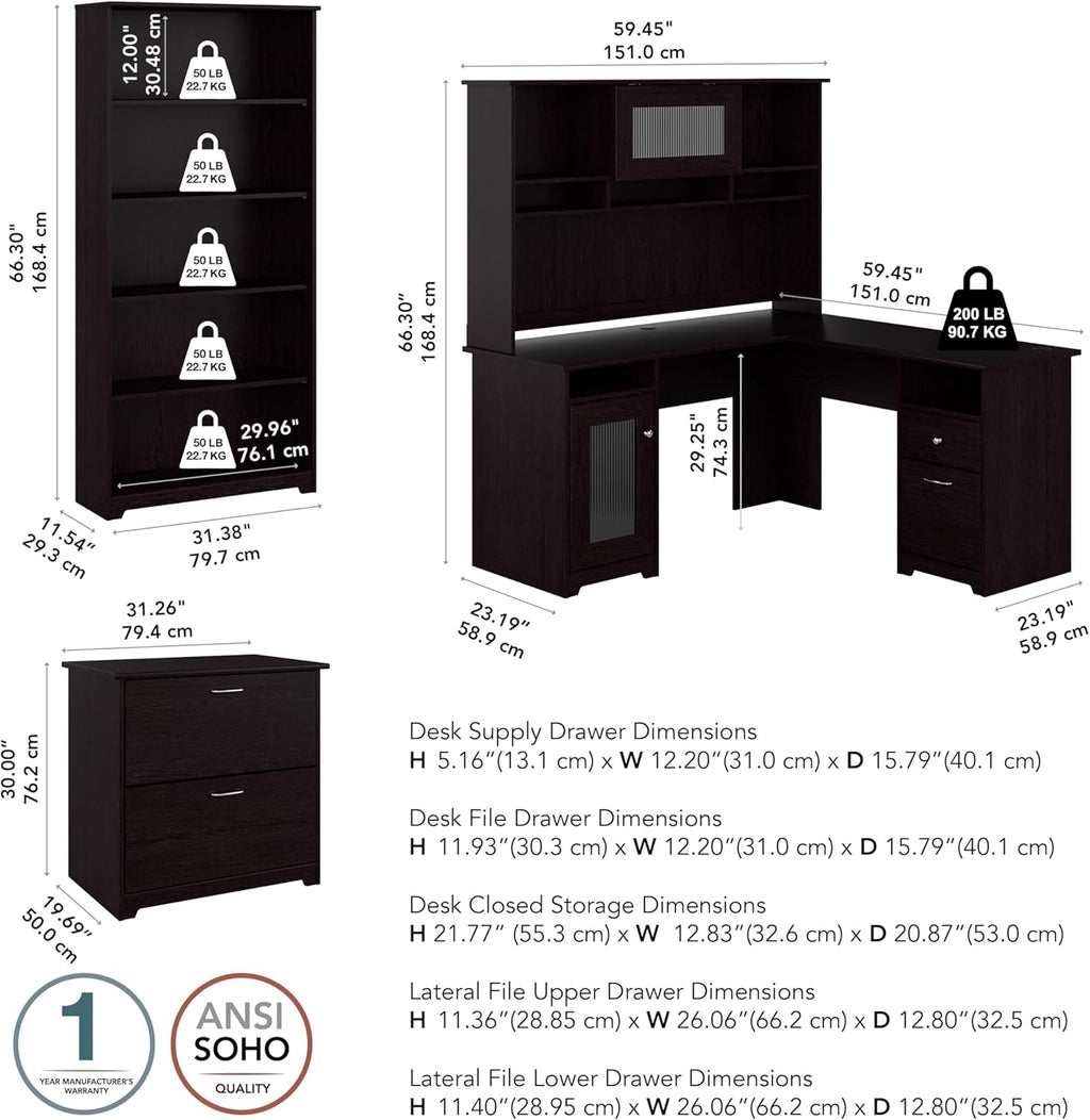 Bush Furniture L Shaped Desk with Hutch, 5 Shelf Bookcase and Lateral File Cabinet | Cabot Collection Corner Computer Table with Storage and Bookshelf | 60Wx23DX37W - Grand Goldman