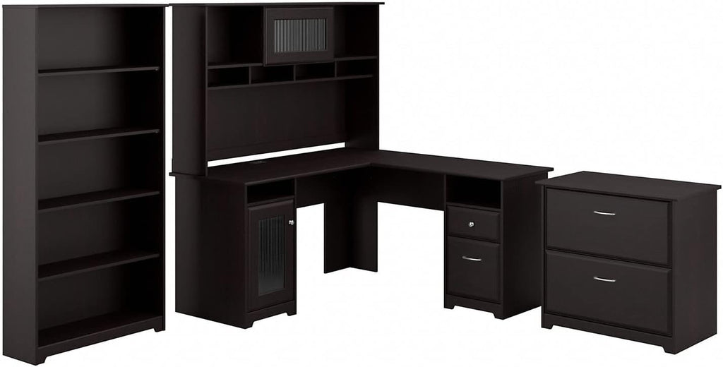 Bush Furniture L Shaped Desk with Hutch, 5 Shelf Bookcase and Lateral File Cabinet | Cabot Collection Corner Computer Table with Storage and Bookshelf | 60Wx23DX37W - Grand Goldman