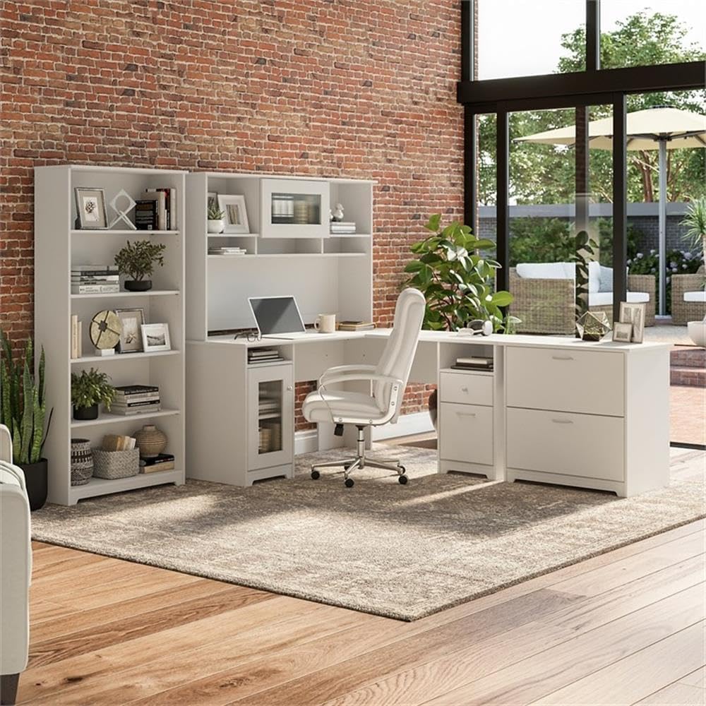 Bush Furniture L Shaped Desk with Hutch, 5 Shelf Bookcase and Lateral File Cabinet | Cabot Collection Corner Computer Table with Storage and Bookshelf | 60Wx23DX37W - Grand Goldman