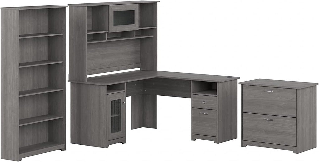 Bush Furniture L Shaped Desk with Hutch, 5 Shelf Bookcase and Lateral File Cabinet | Cabot Collection Corner Computer Table with Storage and Bookshelf | 60Wx23DX37W - Grand Goldman