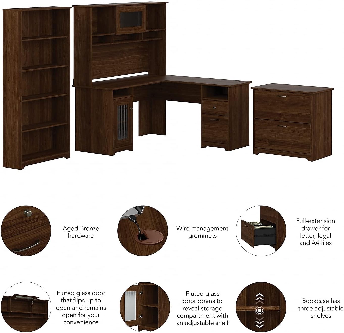Bush Furniture L Shaped Desk with Hutch, 5 Shelf Bookcase and Lateral File Cabinet | Cabot Collection Corner Computer Table with Storage and Bookshelf | 60Wx23DX37W - Grand Goldman