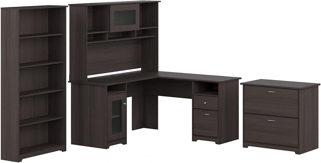 Bush Furniture L Shaped Desk with Hutch, 5 Shelf Bookcase and Lateral File Cabinet | Cabot Collection Corner Computer Table with Storage and Bookshelf | 60Wx23DX37W - Grand Goldman