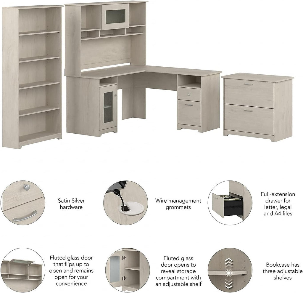 Bush Furniture L Shaped Desk with Hutch, 5 Shelf Bookcase and Lateral File Cabinet | Cabot Collection Corner Computer Table with Storage and Bookshelf | 60Wx23DX37W - Grand Goldman