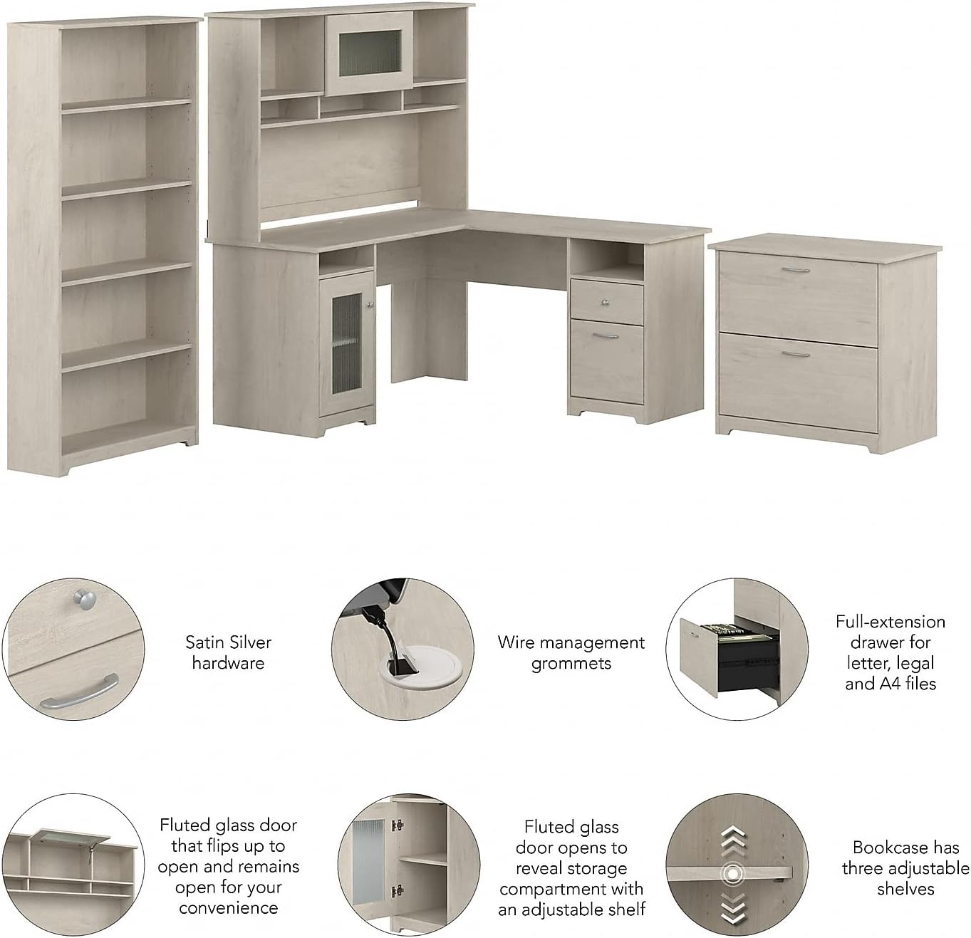 Bush Furniture L Shaped Desk with Hutch, 5 Shelf Bookcase and Lateral File Cabinet | Cabot Collection Corner Computer Table with Storage and Bookshelf | 60Wx23DX37W - Grand Goldman