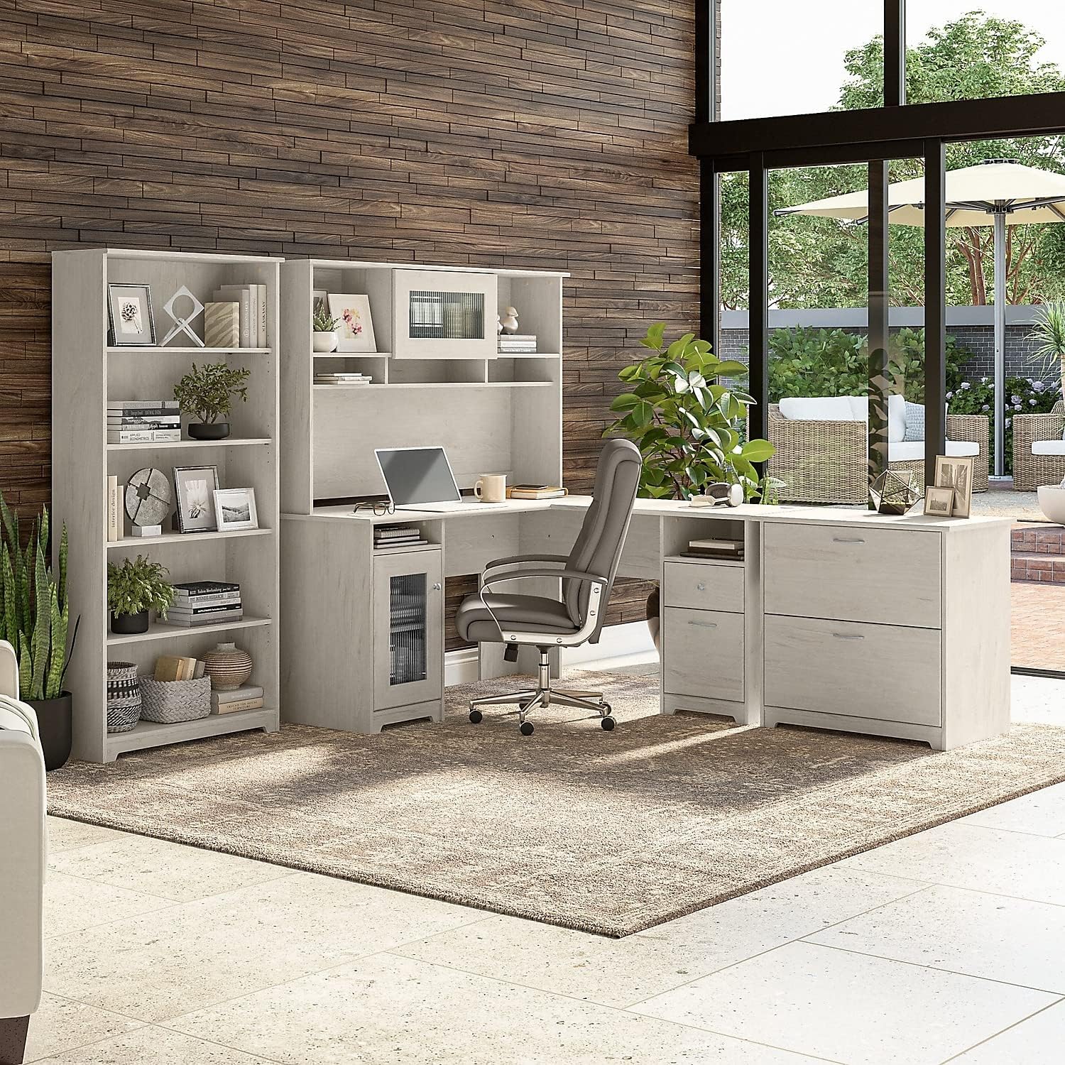 Bush Furniture L Shaped Desk with Hutch, 5 Shelf Bookcase and Lateral File Cabinet | Cabot Collection Corner Computer Table with Storage and Bookshelf | 60Wx23DX37W - Grand Goldman