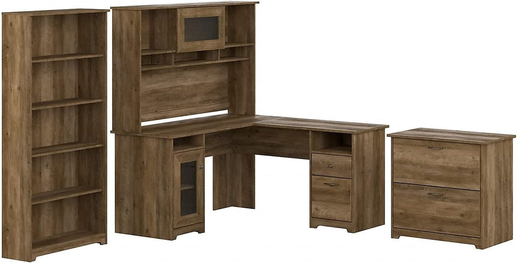 Bush Furniture L Shaped Desk with Hutch, 5 Shelf Bookcase and Lateral File Cabinet | Cabot Collection Corner Computer Table with Storage and Bookshelf | 60Wx23DX37W - Grand Goldman