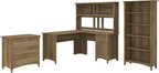 Bush Furniture Salinas 60W L Shaped Desk with Hutch, Lateral File Cabinet and 5 Shelf Bookcase in Antique White - Grand Goldman