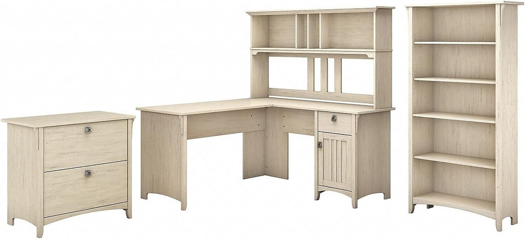 Bush Furniture Salinas 60W L Shaped Desk with Hutch, Lateral File Cabinet and 5 Shelf Bookcase in Antique White - Grand Goldman