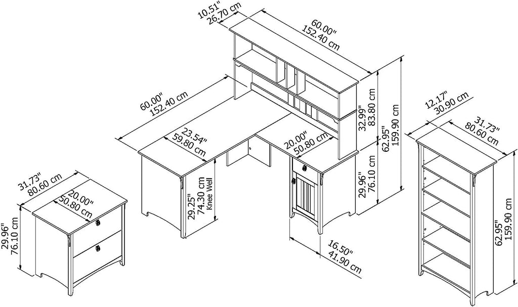 Bush Furniture Salinas 60W L Shaped Desk with Hutch, Lateral File Cabinet and 5 Shelf Bookcase in Antique White - Grand Goldman