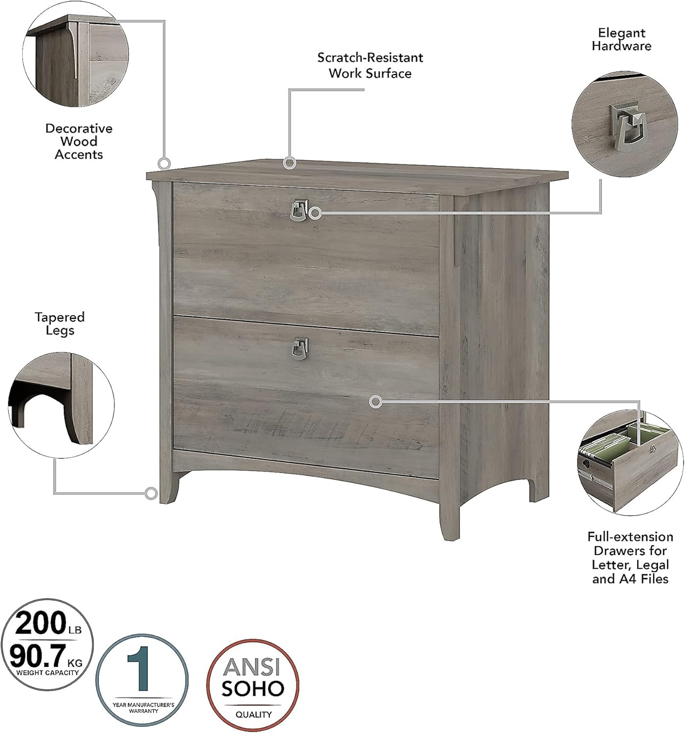Bush Furniture Salinas 60W L Shaped Desk with Hutch, Lateral File Cabinet and 5 Shelf Bookcase in Antique White - Grand Goldman