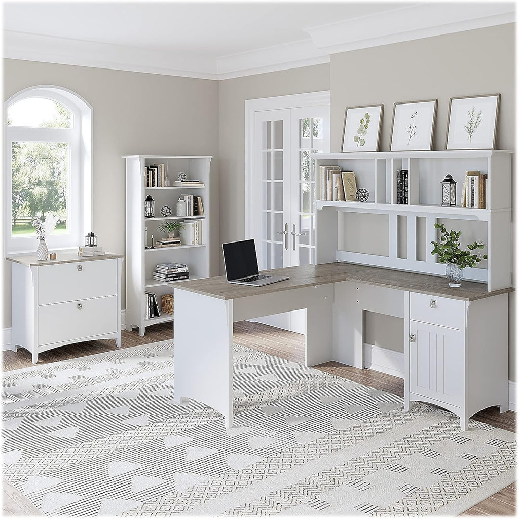 Bush Furniture Salinas 60W L Shaped Desk with Hutch, Lateral File Cabinet and 5 Shelf Bookcase in Antique White - Grand Goldman