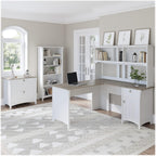 Bush Furniture Salinas 60W L Shaped Desk with Hutch, Lateral File Cabinet and 5 Shelf Bookcase in Antique White - Grand Goldman