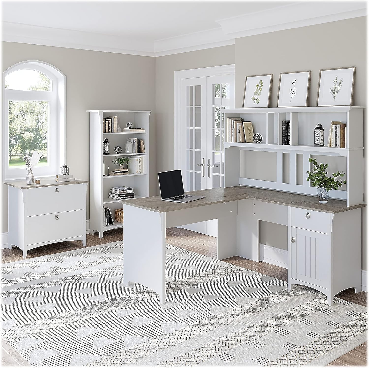 Bush Furniture Salinas 60W L Shaped Desk with Hutch, Lateral File Cabinet and 5 Shelf Bookcase in Antique White - Grand Goldman