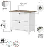 Bush Furniture Salinas 60W L Shaped Desk with Hutch, Lateral File Cabinet and 5 Shelf Bookcase in Antique White - Grand Goldman