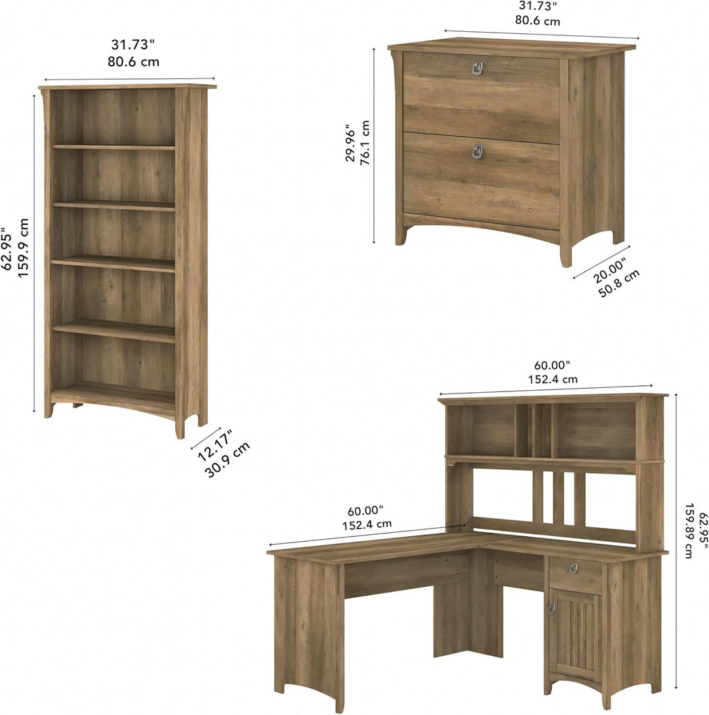 Bush Furniture Salinas 60W L Shaped Desk with Hutch, Lateral File Cabinet and 5 Shelf Bookcase in Antique White - Grand Goldman