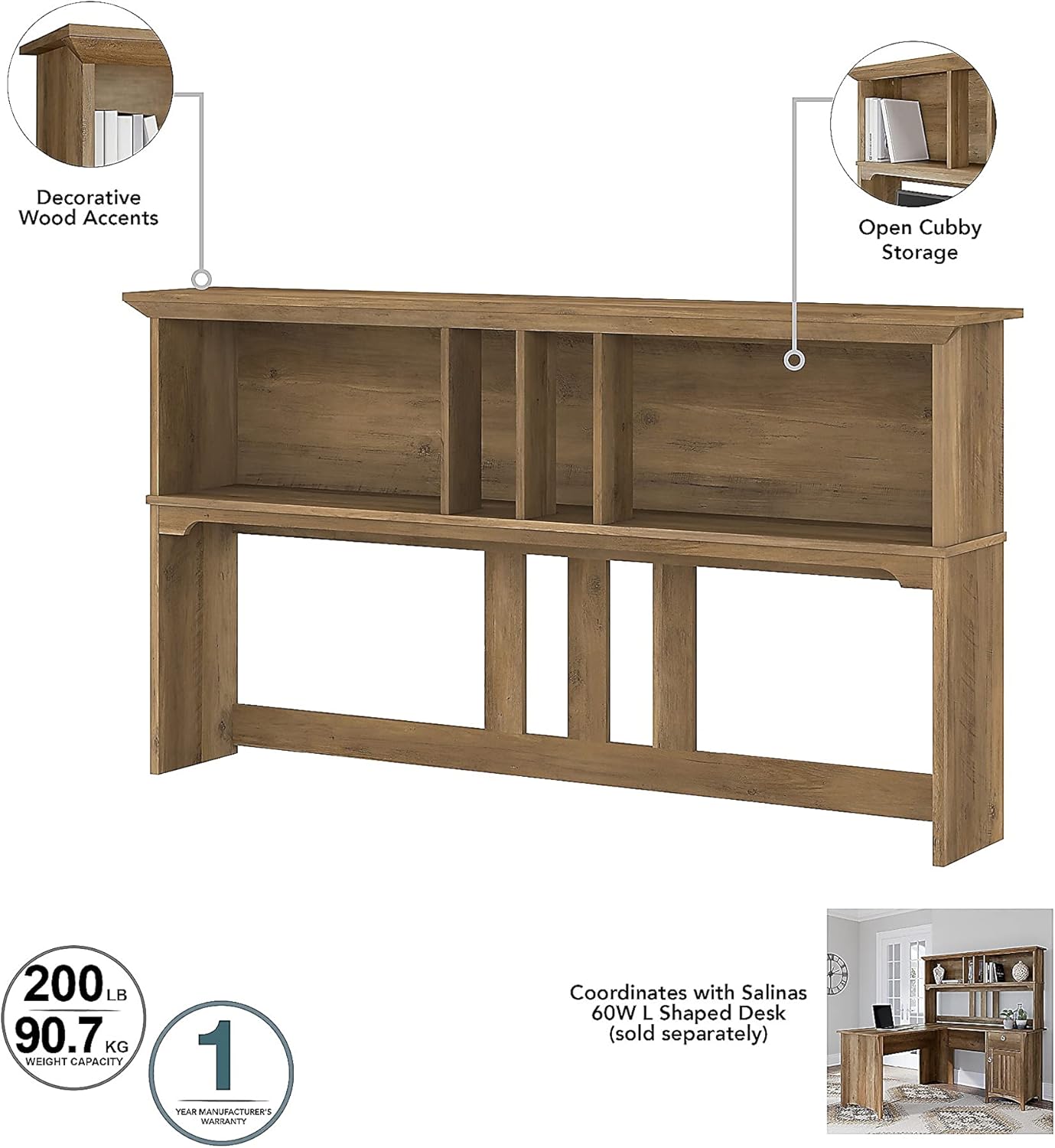 Bush Furniture Salinas 60W L Shaped Desk with Hutch, Lateral File Cabinet and 5 Shelf Bookcase in Antique White - Grand Goldman