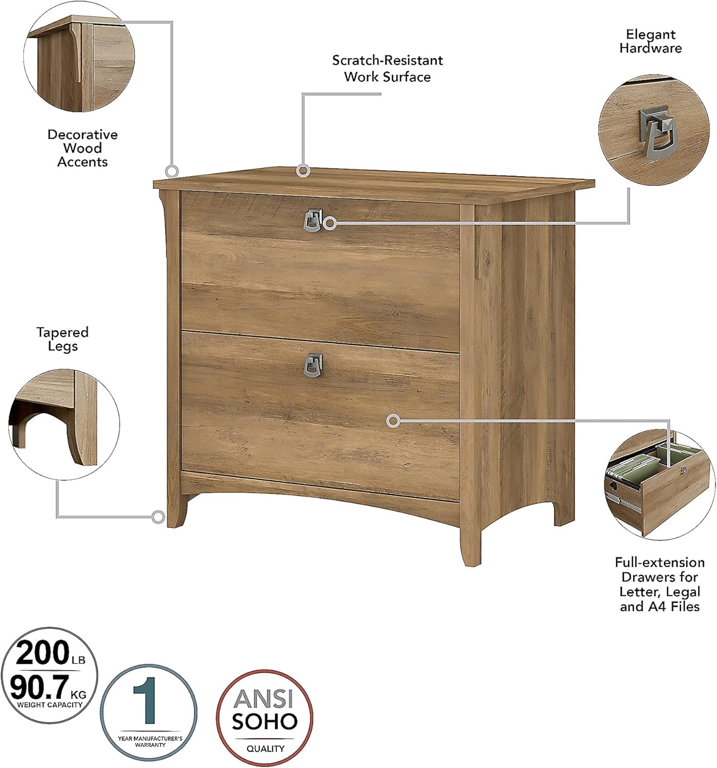 Bush Furniture Salinas 60W L Shaped Desk with Hutch, Lateral File Cabinet and 5 Shelf Bookcase in Antique White - Grand Goldman