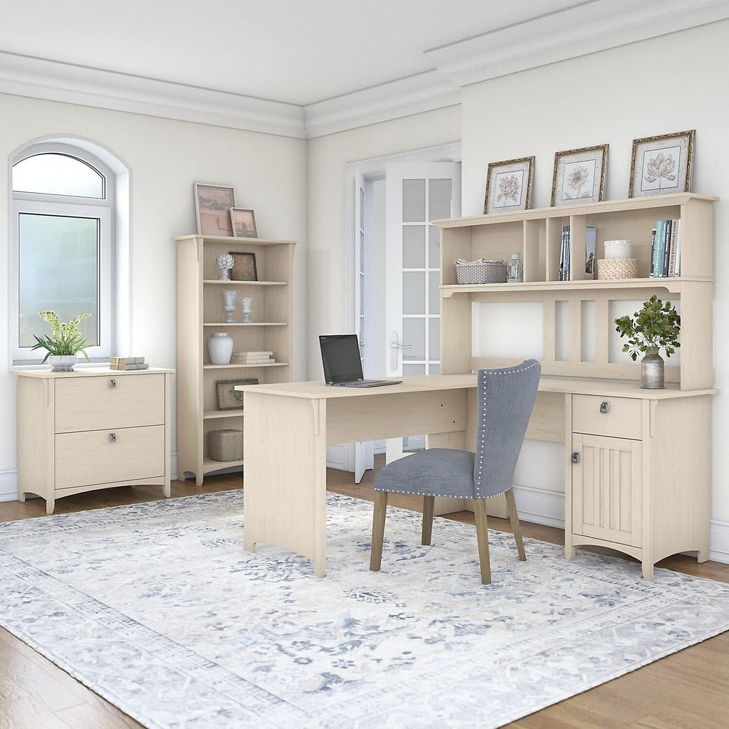 Bush Furniture Salinas 60W L Shaped Desk with Hutch, Lateral File Cabinet and 5 Shelf Bookcase in Antique White - Grand Goldman