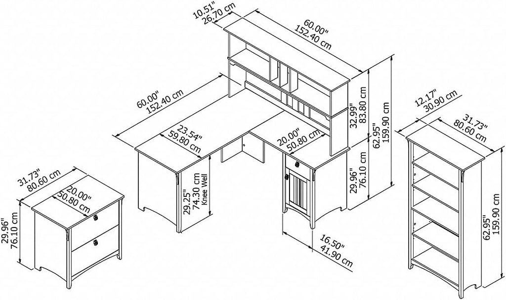 Bush Furniture Salinas 60W L Shaped Desk with Hutch, Lateral File Cabinet and 5 Shelf Bookcase in Antique White - Grand Goldman