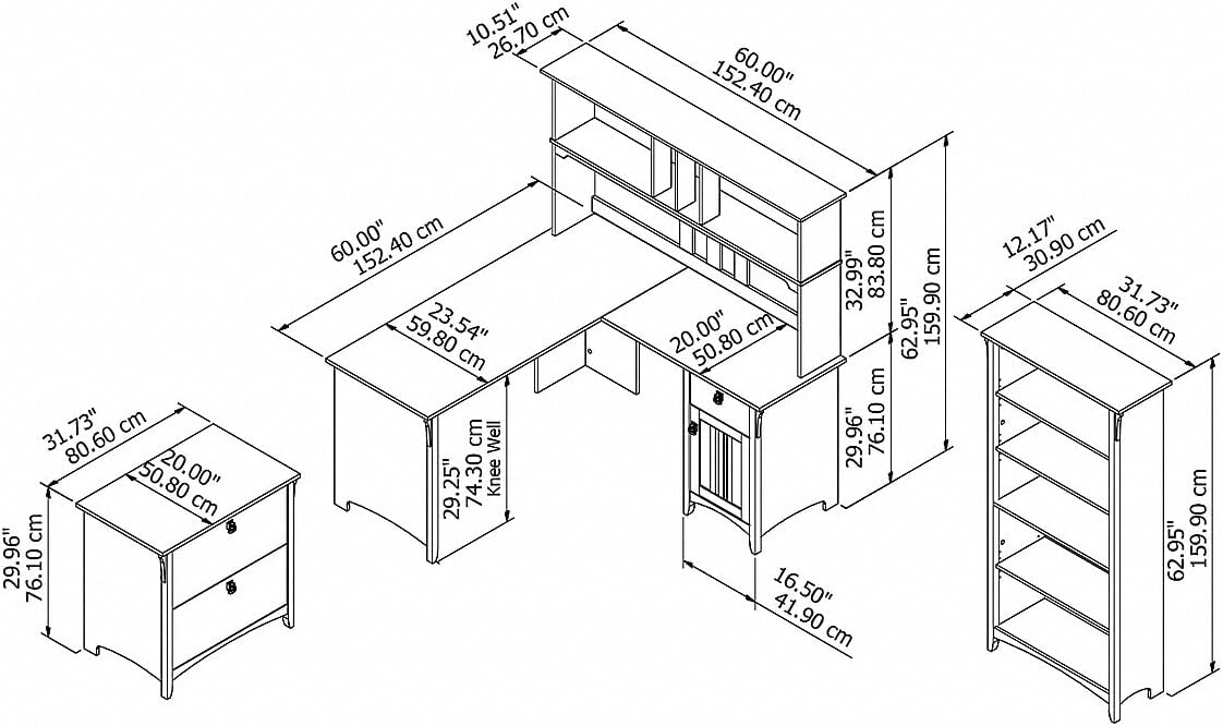 Bush Furniture Salinas 60W L Shaped Desk with Hutch, Lateral File Cabinet and 5 Shelf Bookcase in Antique White - Grand Goldman