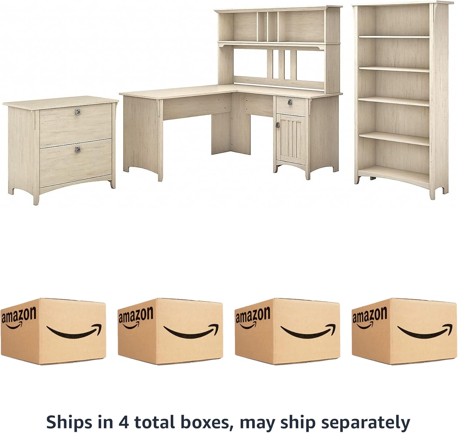 Bush Furniture Salinas 60W L Shaped Desk with Hutch, Lateral File Cabinet and 5 Shelf Bookcase in Antique White - Grand Goldman