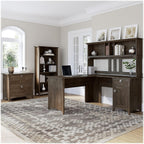 Bush Furniture Salinas 60W L Shaped Desk with Hutch, Lateral File Cabinet and 5 Shelf Bookcase in Antique White - Grand Goldman