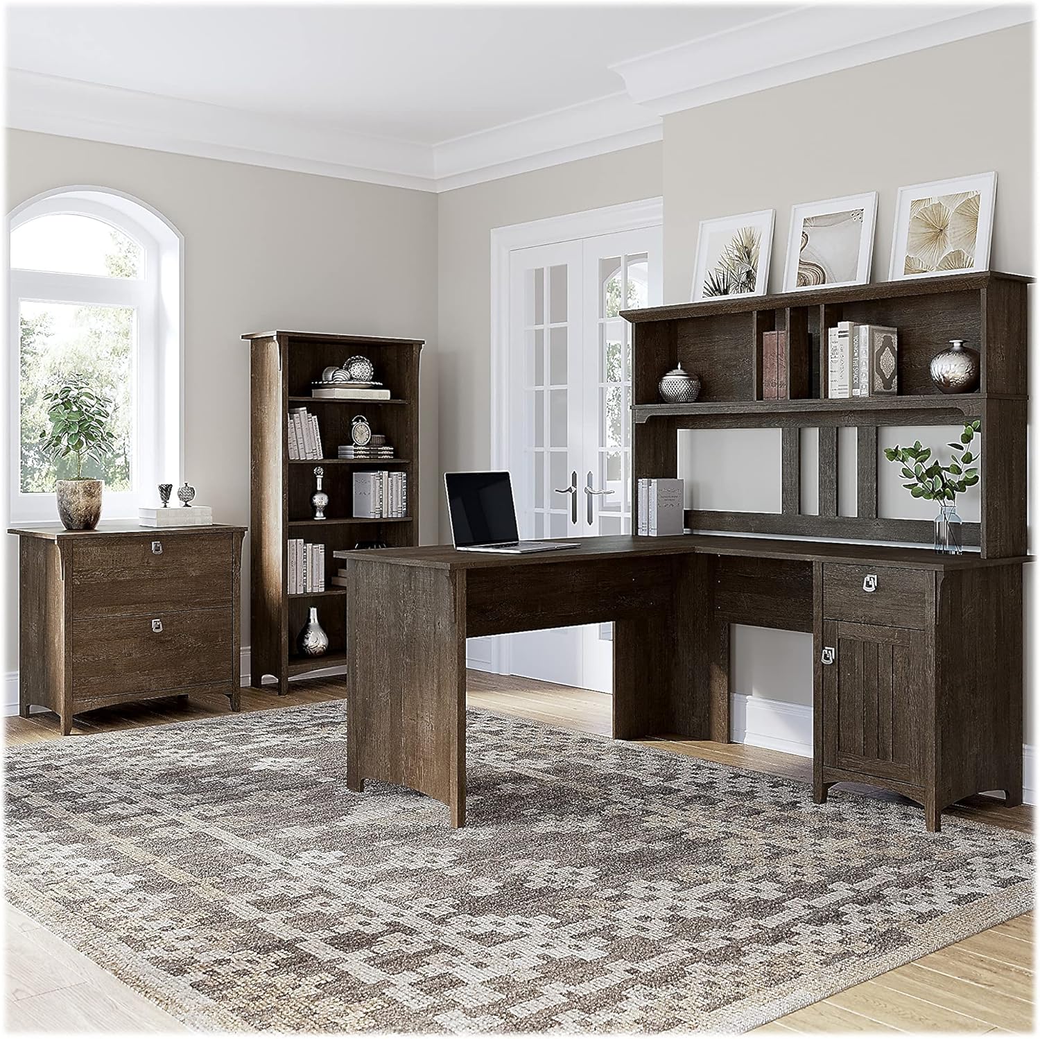 Bush Furniture Salinas 60W L Shaped Desk with Hutch, Lateral File Cabinet and 5 Shelf Bookcase in Antique White - Grand Goldman